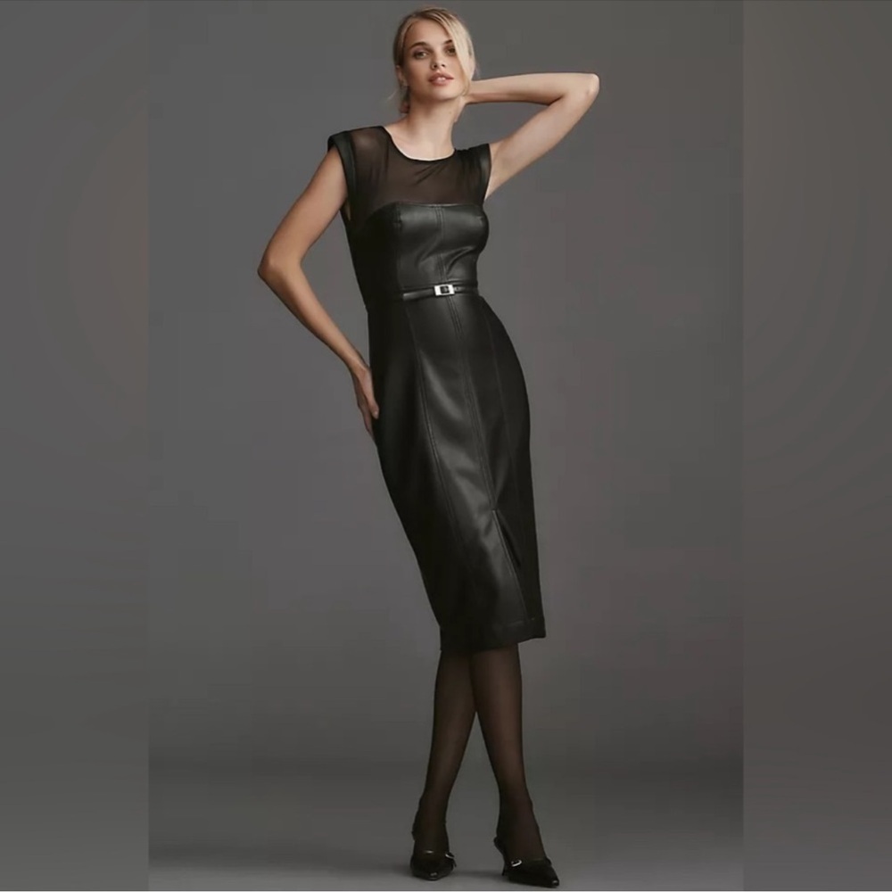 Maeve Anthropologie Black Faux Leather Mesh Sheath Dress